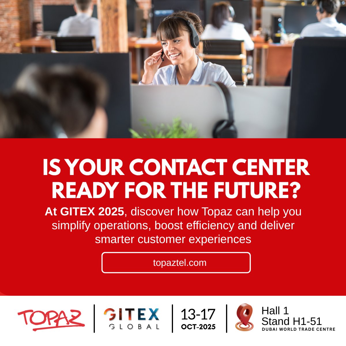 Is your Contact Center ready for the future? 
Find out at <a href="/GITEXGLOBAL/">GitexGlobal</a> 2025!
Don’t miss the chance to explore our solutions and book your free demo.
topaztel.com/?utm_source=x&…

#GITEXGLOBAL #GITEX2025 #ContactCenter #CustomerExperience #Topaztel #Dubai #topaz
