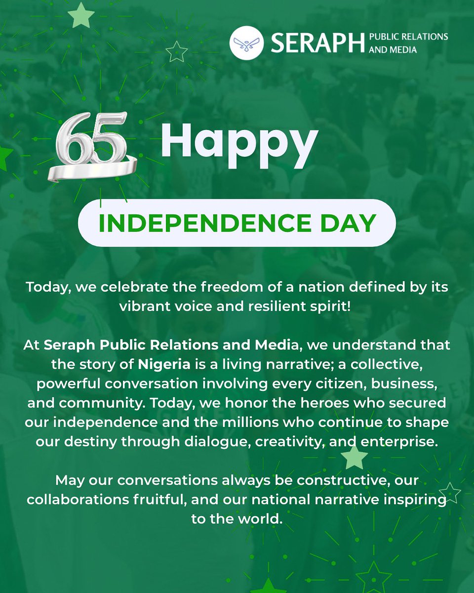 Seraphpr_media's tweet photo. 65 Years of Resilience, Unity, and Hope!
Today, we celebrate the enduring spirit that binds us as Nigerians.
Happy Independence Day, Nigerians!
#independencedaynigeria #seraphpr https://t.co/HMiD5z1BhU
