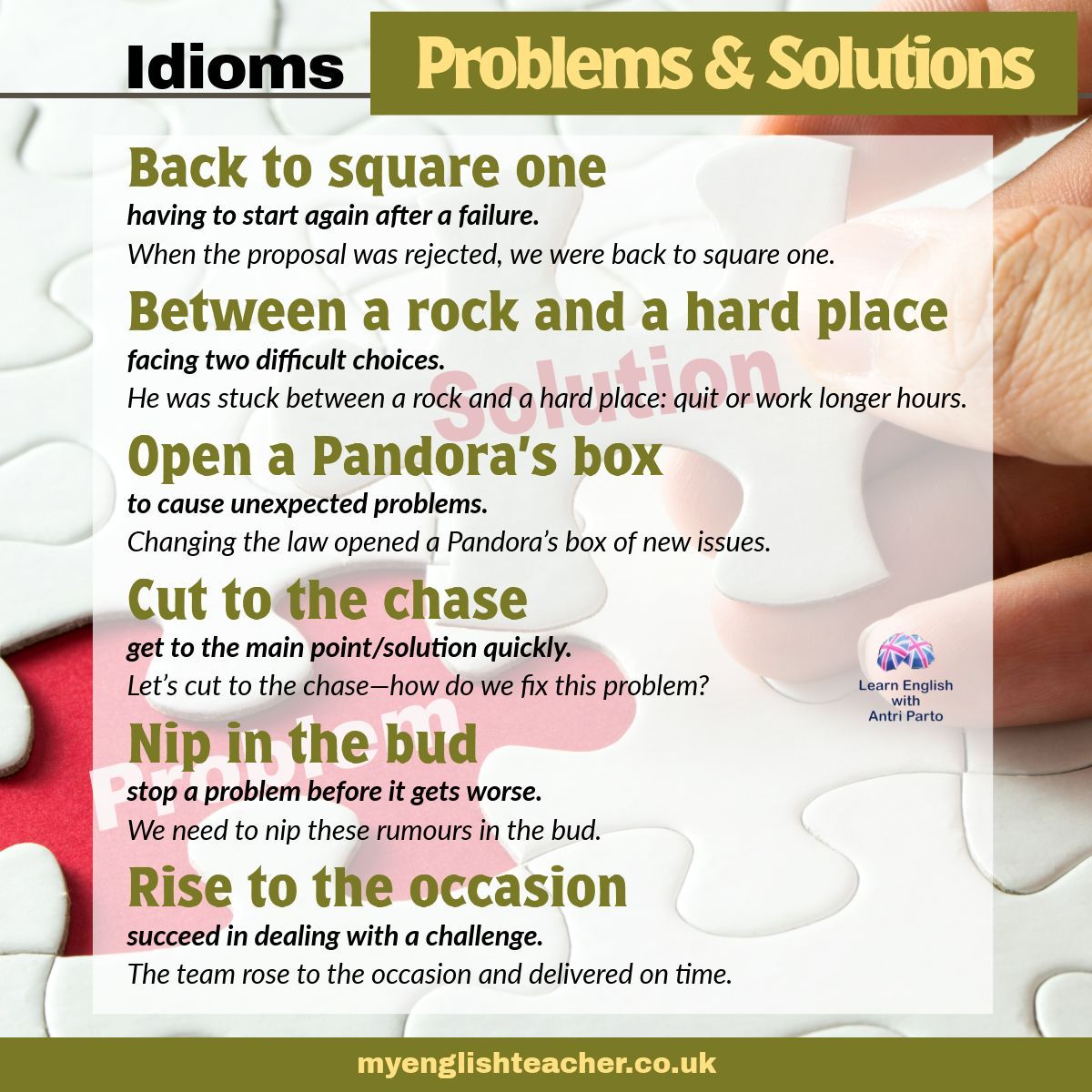 MyLinguaAcademy's tweet photo. Learn 30 idioms about problems and solutions
https://t.co/CRUXmySXIU
#learnenglish #learnenglishonline #onlineenglishlessons #esl #efl #quiz #toefl #ielts #fce #cae #myenglishteacher.co.uk https://t.co/3SH6wik6Us