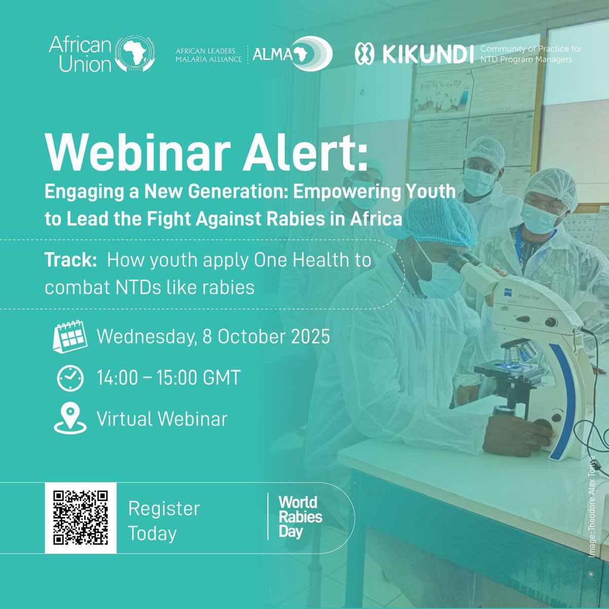 🚨 Webinar Alert! 🚨
Join us on 8 Oct 2025 for an engaging session on how youth are applying One Health to combat Neglected  Tropical Diseases like Rabies 🐾💉.

🗓️ Wednesday 8 Oct 2025 | 14:00–15:00 GMT
🌍 Virtual 
Scan the QR code to Register !

 #Youth4Health #MalariaYouthKE