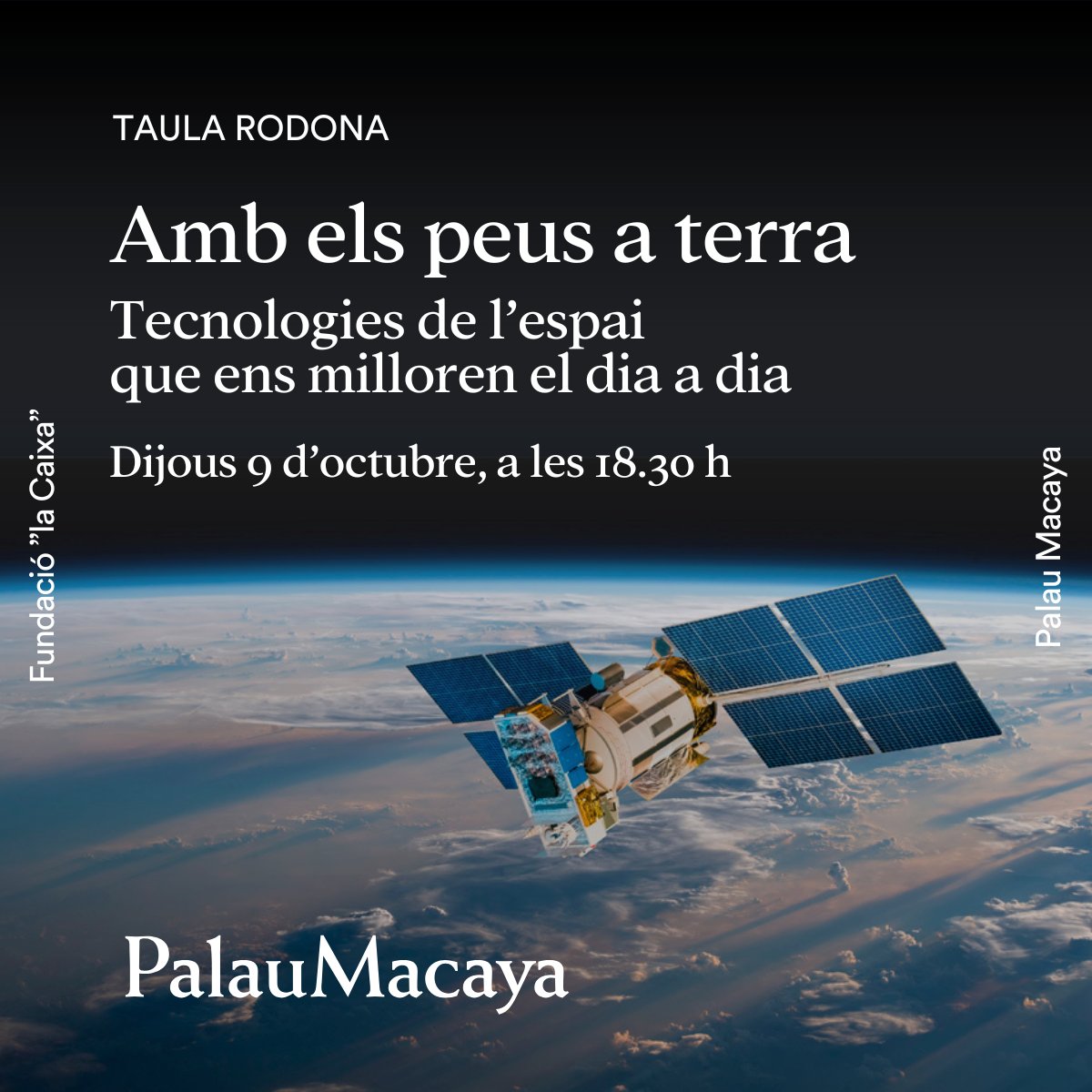 FundlaCaixa's tweet photo. Les dades satel·litàries obren noves possibilitats per afrontar reptes globals i millorar la qualitat de vida. 

Ho abordem al Palau Macaya amb Ramon Pastor, Estel Blay, Anna Ruiz i Urska Starc a la taula rodona coorganitzada amb @KIMbcn.