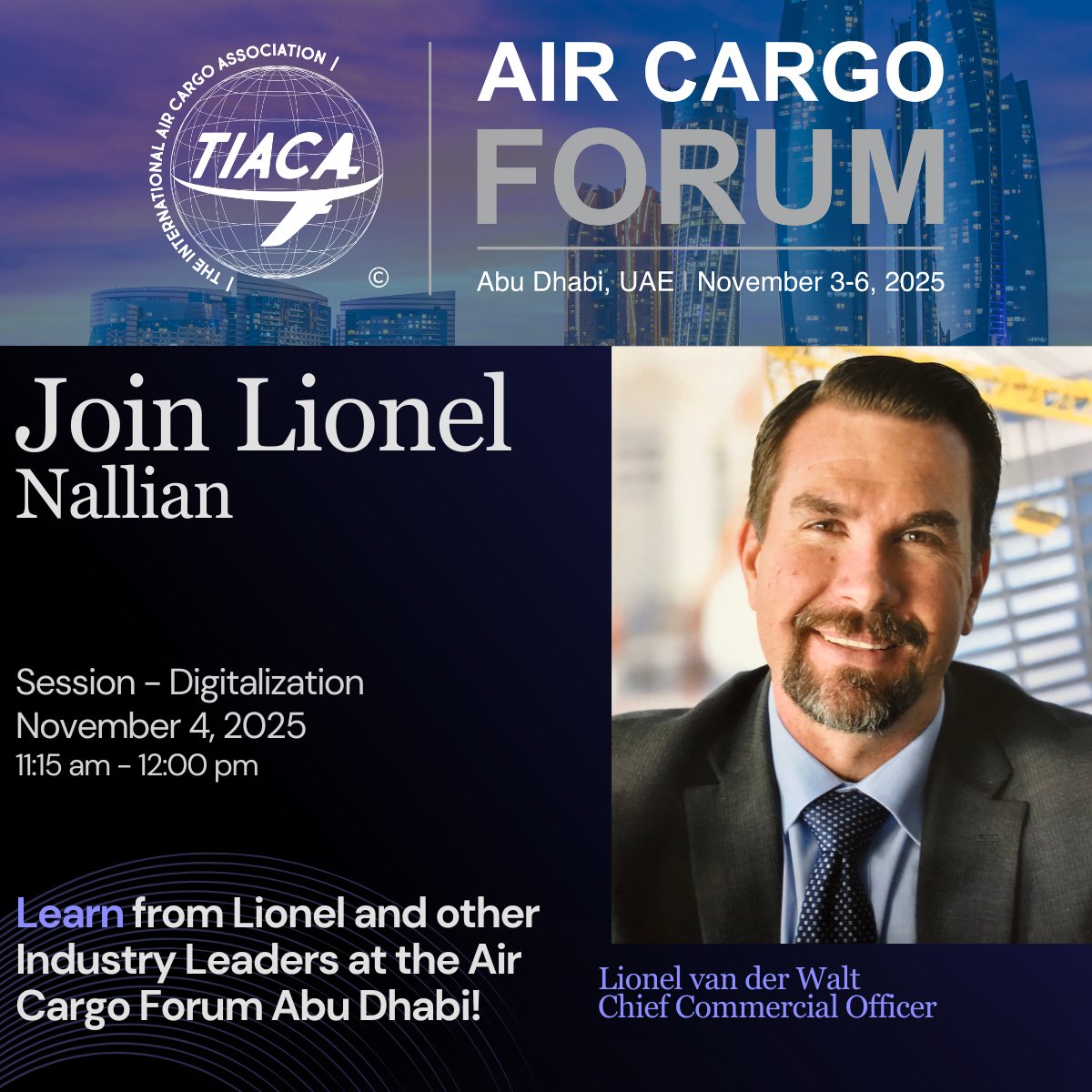 On November 4 at 11:15 a.m., our CCO, Lionel van der Walt, will join industry leaders on a panel discussing digitalization at the Air Cargo Forum 2025, organized by <a href="/tiacaorg/">TIACA</a>. Don’t miss it! 

See you at the forum! Let's explore the digitalization of air cargo.