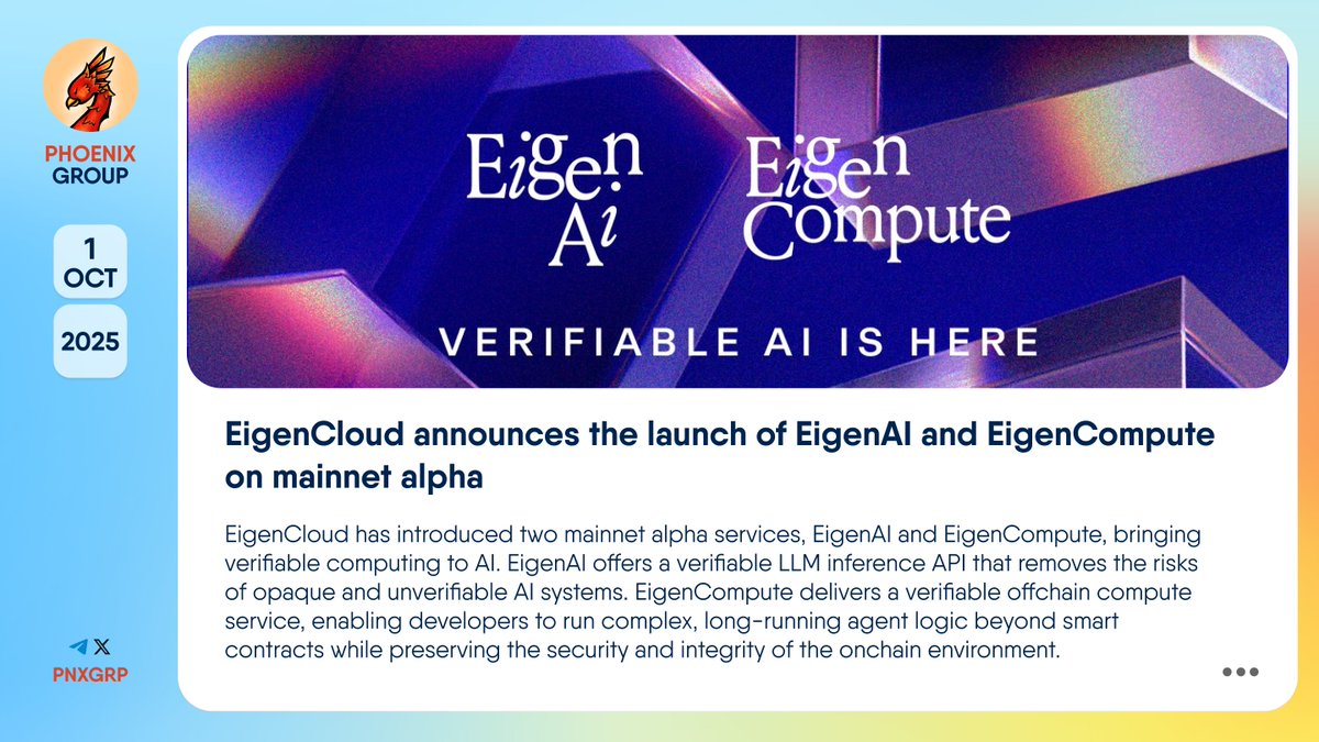 pnxgrp's tweet photo. 🔥 @eigencloud announces the launch of EigenAI and EigenCompute on mainnet alpha
#EigenCloud has introduced two mainnet alpha services, #EigenAI and #EigenCompute, bringing verifiable computing to #AI. This launch lets developers combine the scalability and flexibility of traditional infrastructure with advanced LLMs, while maintaining the same security and transparency assurances as smart contracts.
EigenAI offers a verifiable LLM inference API that removes the risks of opaque and unverifiable AI systems. EigenCompute delivers a verifiable offchain compute service, enabling developers to run complex, long-running agent logic beyond smart contracts while preserving the security and integrity of the onchain environment.
👉 https://t.co/btmjlB9s8X