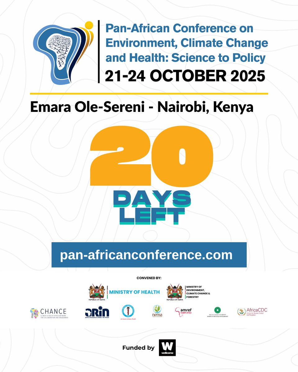 arin_africa's tweet photo. ⏳ 20 days to go!
Nairobi hosts the Pan-African Conference on Environment, Climate &amp; Health — shaping Africa’s voice ahead of #COP30.
👉 Register: https://t.co/lPOYfgLI0x

#ECHAfrica25 #ScienceToPolicy https://t.co/7x33G4v10N