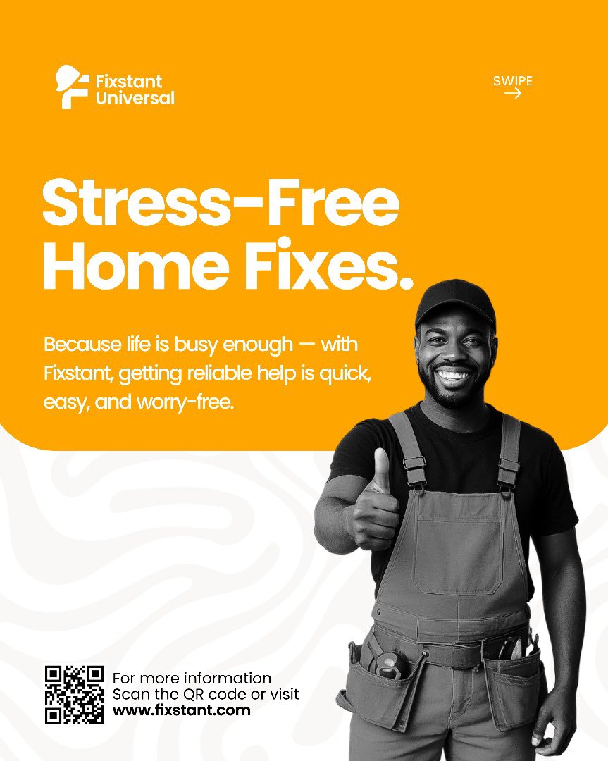 FixstantLimited's tweet image. Ready to tackle any repair or in need of trusted help for all your home projects, say goodbye to repair stress and book FIXSTANT pros #SafeHands #VerifiedArtisans #TrustedService #NaijaFix #ReliableEverytime #SecureAndReliable