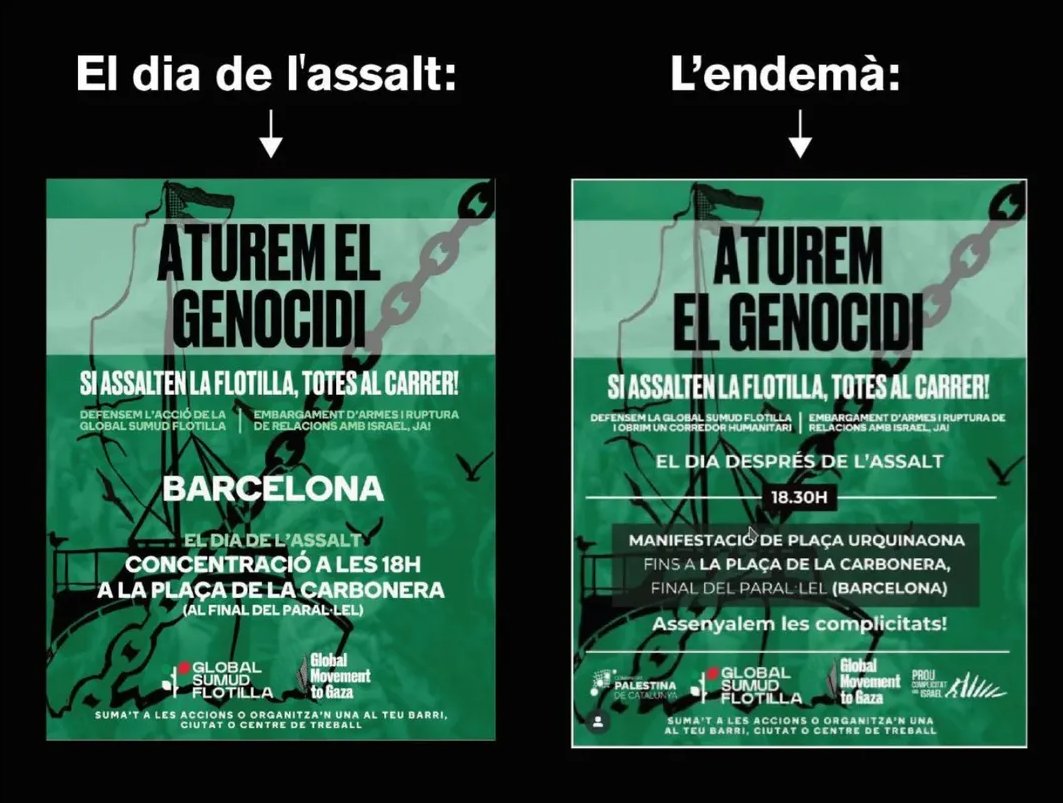 ‼️La <a href="/gbsumudflotilla/">Global Sumud Flotilla</a> afronta les hores de més risc. Hem d'estar totes alerta!

🧵Fil d'algunes de les convocatòries i columnes que s'han impulsat:
📌Mateix dia de l'assalt: 18h Pl. de la Carbonera
📌Dia després: 18:30h Pl. Urquinaona