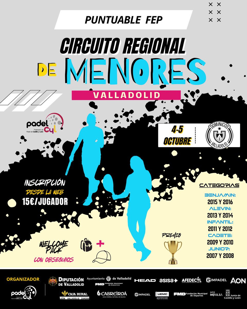 Circuito Regional de Menores | 𝗣𝗨𝗡𝗧𝗨𝗔𝗕𝗟𝗘 𝗙𝗘𝗣 🎾 

📍 Lugar: Club deportivo Dominicos
📅 Fecha: 4-5 Octubre
💰 Inscripción: 15 €/Jugador
🎁 Welcome Pack Exclusivo: Mochila de cuerdas + gorra
🏆: Trofeo
📌 Categorías: Desde Benjamín hasta Junior.