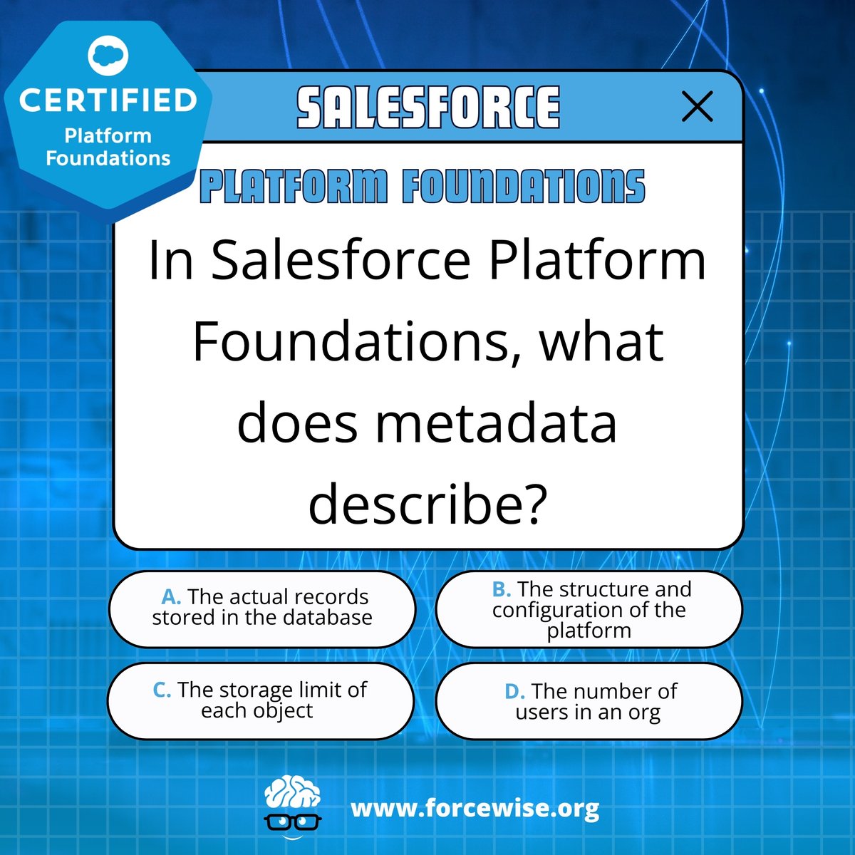 ForceWiseOrg's tweet image. 🌍 OFFICIAL WEBSITE: forcewise.org

📊 Salesforce Quiz Time!

#Salesforce #SalesforceAdmin #SalesforceExam #SalesforceCertification #SalesforceTraining #ReportsAndDashboards #CRM #ExamPrep #TechCareers #AdminLife #StudyTips #CertificationJourney #SalesforceCommunity