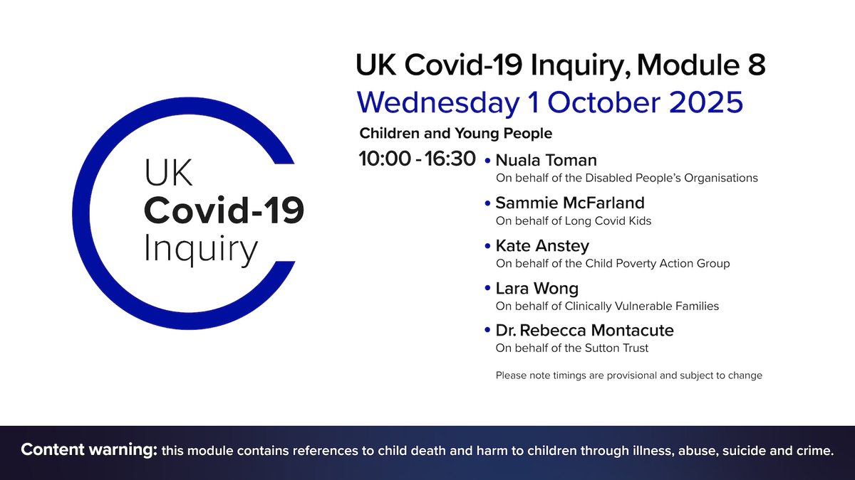 /Today, at public hearings for Module 8: Children and Young People we will hear evidence from five witnesses: Nuala Toman, Sammie McFarland, Kate Anstey, Lara Wong and Dr Rebecca Montacute.

Please note timings are provisional and subject to change.