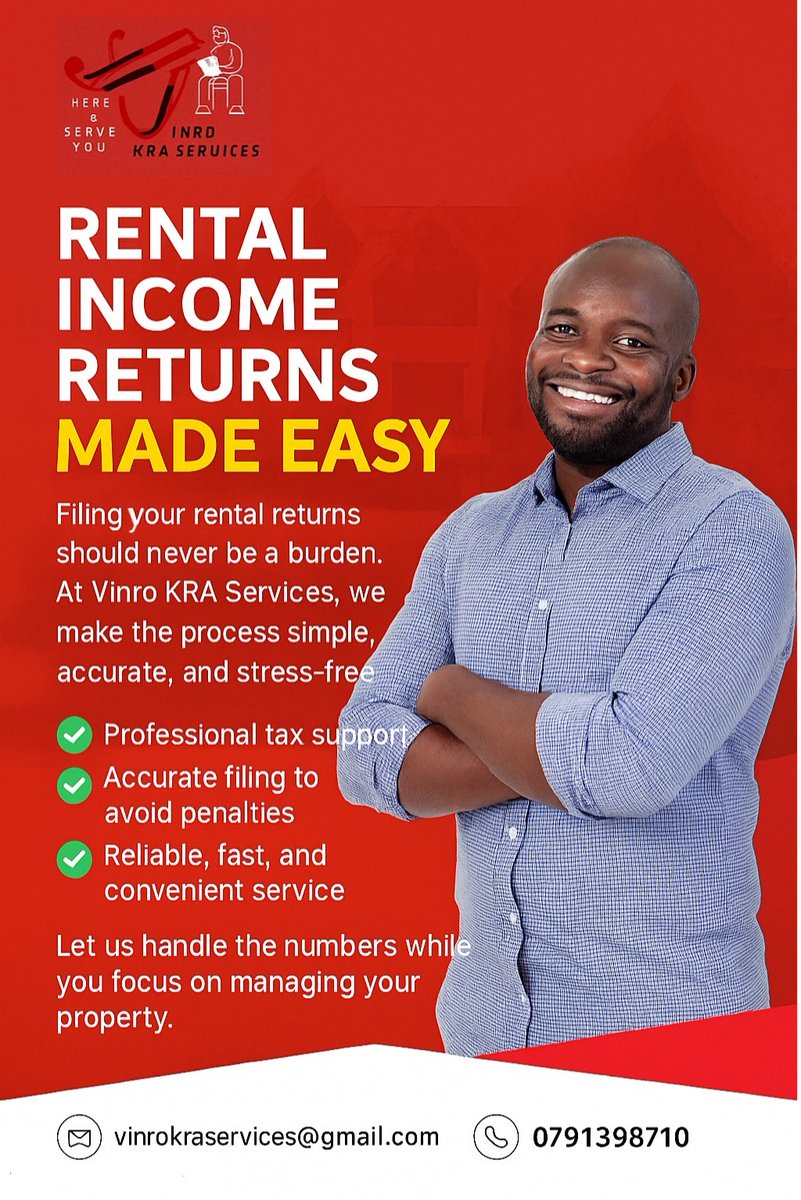 🏠 Rental Returns made easy.
Stay compliant with professional filing from Vinro KRA Services.
📧 vinrokraservices@gmail.com | 📞 0791398710
#KRA #RentalReturns #TaxCompliance