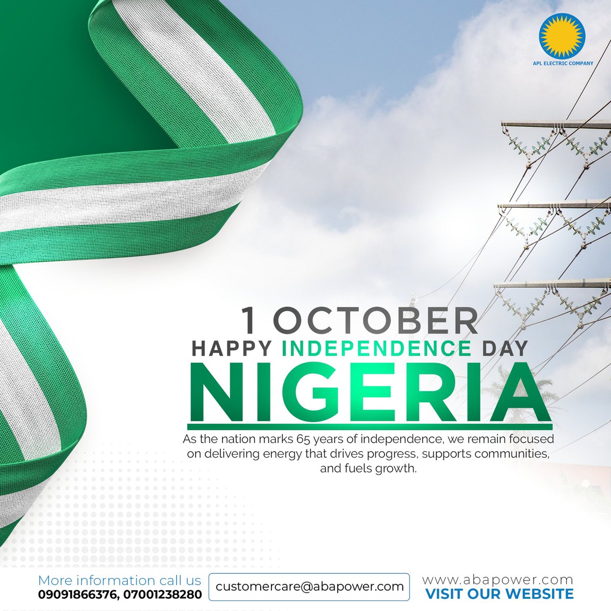 Today, we celebrate 65 years of resilience, unity, and progress.
At Aba Power, we remain committed to powering a brighter future for our nation and its people.

Happy Independence Day!
