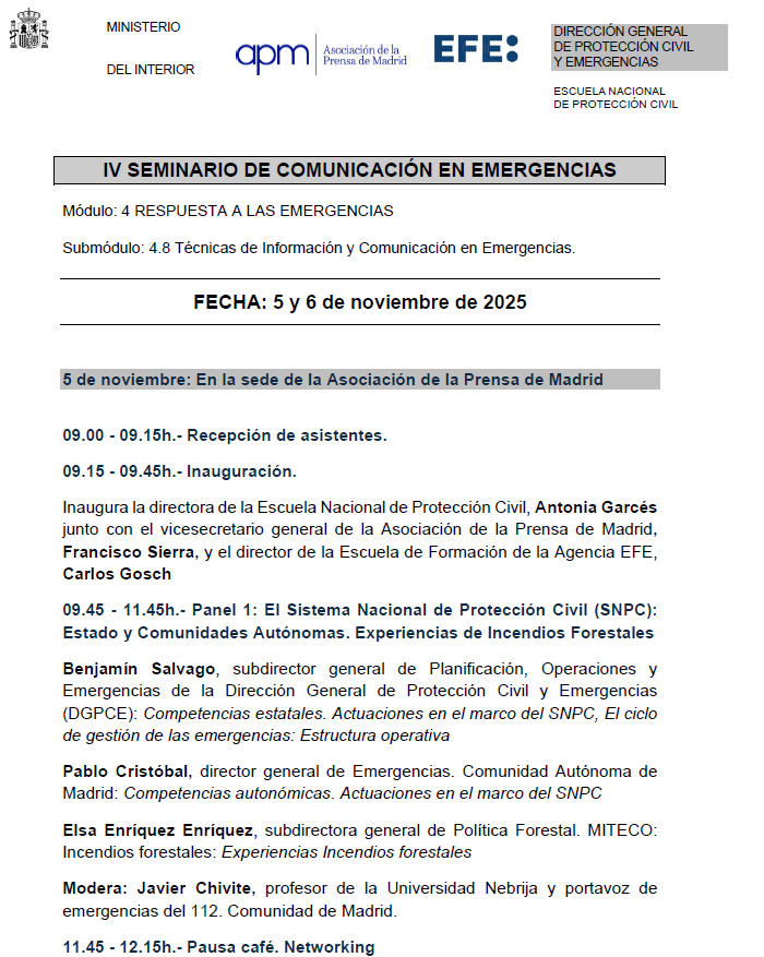 FerreroPC's tweet photo. PERIODISTAS‼️ IV Seminario de Comunicación en Emergencias

Gratuito. Organizado por @proteccioncivil, @aprensamadrid y @EFEnoticias

Excelente oportunidad para especializarse en el periodismo de crisis y emergencias.

📍Presencial (Madrid) y on-line
🗓️Límite inscripciones: 15/10 https://t.co/wtVyyzKCqq