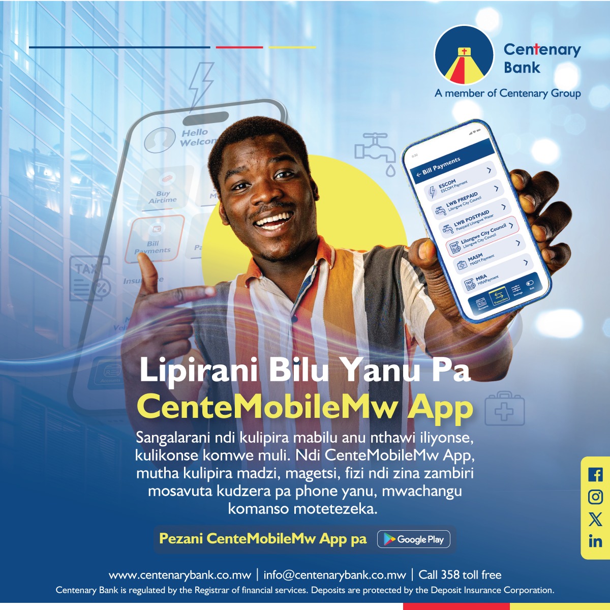Lipirani Bilu Yanu Pa CenteMobileMw App
Sangalarani ndi kulipira mabilu anu nthawi iliyonse, kulikonse komwe muli, Ndi CenteMobileMw App, mutha kulipira madzi, magetsi, fizi ndi zina zambiri mosavuta kudzera pa foni yanu, mwachangu komanso motetezeka.