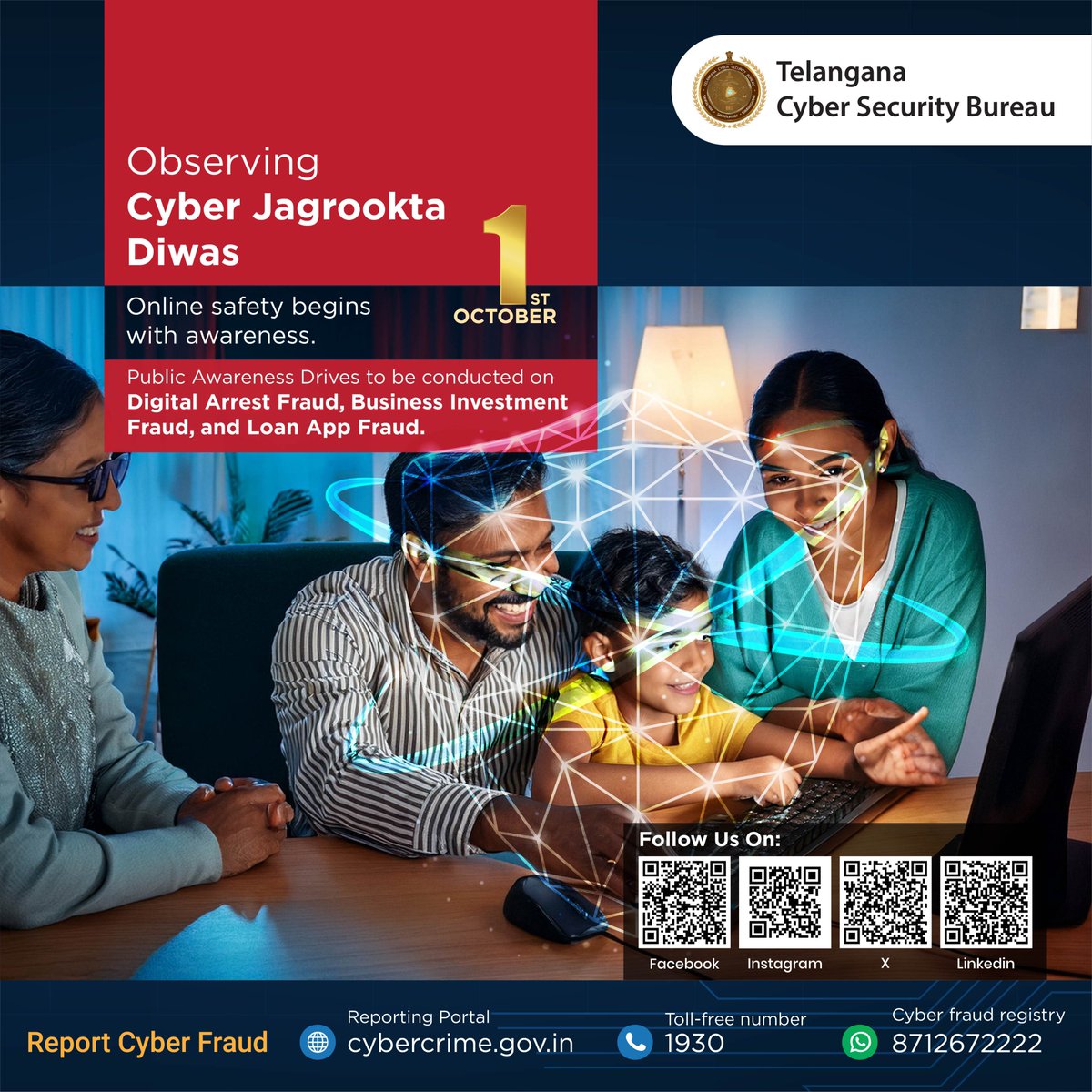 Join us on Cyber Jaagrookta Diwas! Stay alert against Digital Arrest Fraud, Business Investment Fraud, and Loan App Fraud. Spread awareness, stay cyber safe. #CyberAwareness #StopFraud #TGCSB
