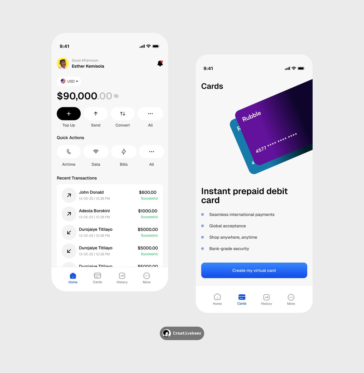 Kemi_Designs's tweet image. Dashboard + card UI for a fintech app
