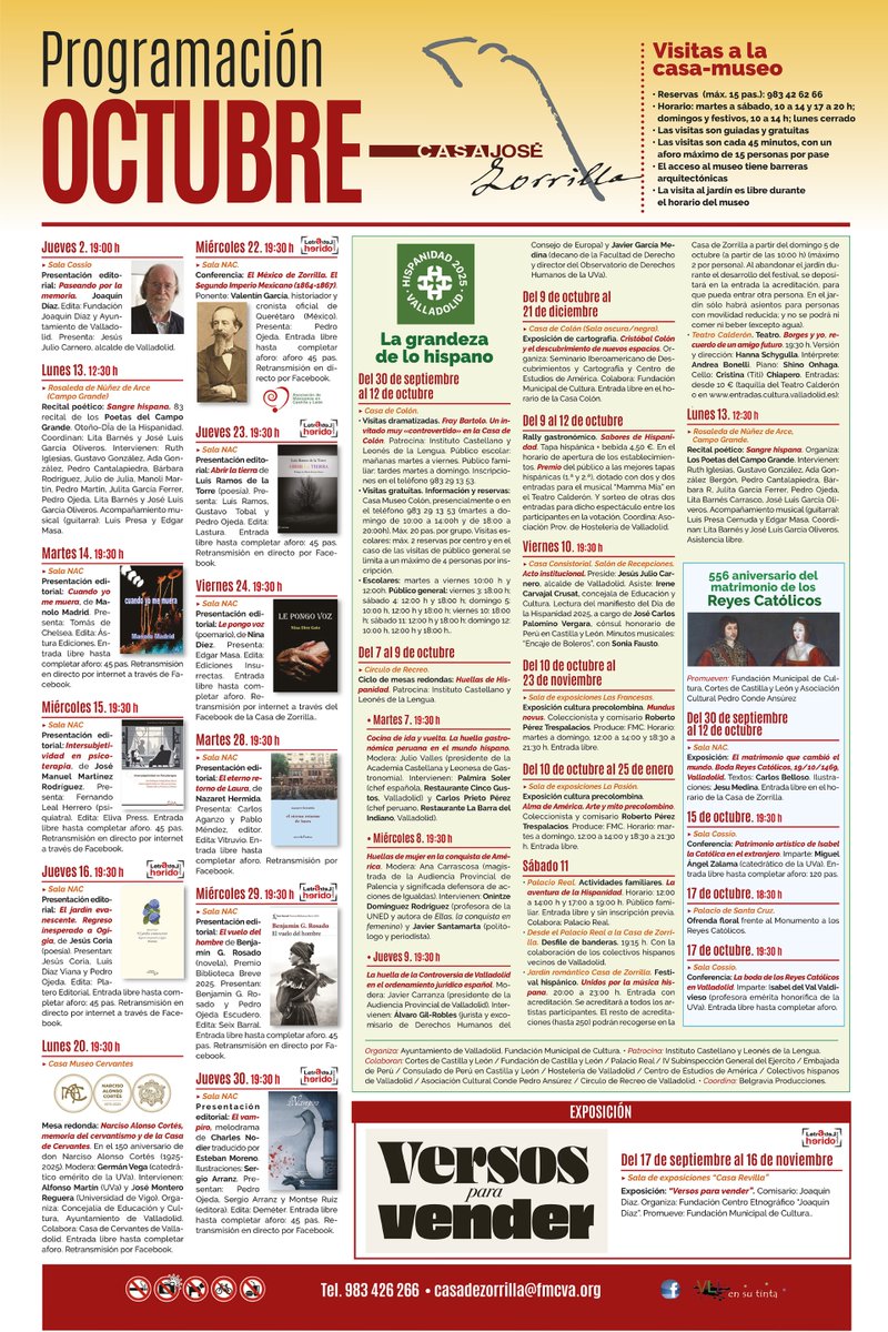 Así ha quedado la programación de octubre en #ValladolidLetraherido y <a href="/CasaZorrilla/">Casa Museo Zorrilla</a> :