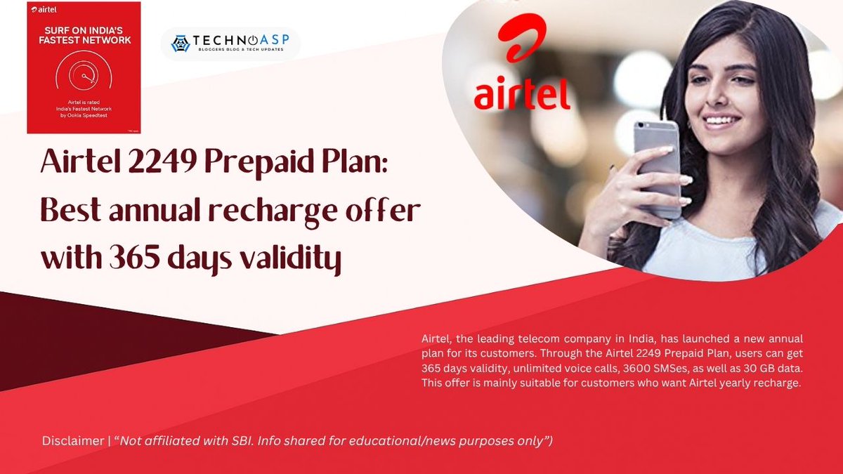 technoasp1's tweet image. Airtel 2249 Prepaid Plan: Best annual recharge offer with 365 days validity Airtel 2249 Prepaid Plan – 365 days annual offer Airtel , the leading telecom company in India, has launched a new annual plan for its customers. 
bit.ly/4mDcACy