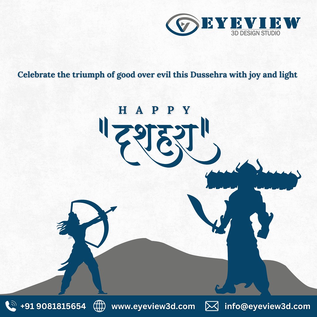 May Dussehra inspire us to destroy inner Ravana, strengthen goodness, empower truth, and spread eternal happiness, as positivity always wins against every challenge.

#Eyeview_3D_Design_Studio #HappyDussehra #Dussehra2025 #VictoryOfGoodOverEvil #CelebrateDussehra