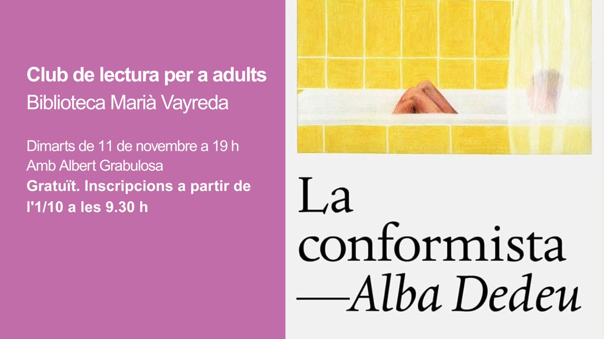 📢📙 Inscripcions obertes al club de lectura per adults de la <a href="/BibliotecaOlot/">BibliotecaOlot</a> !

✨ El llibre a llegir i comentar serà "La conformista" d'Alba Dedeu
📍 Dimarts 11/11 a les 19 h, Biblioteca Marià Vayreda
🫂 Amb Albert Grabulosa

🔗Apunta-t'hi: olotcultura.cat/reserva-places…