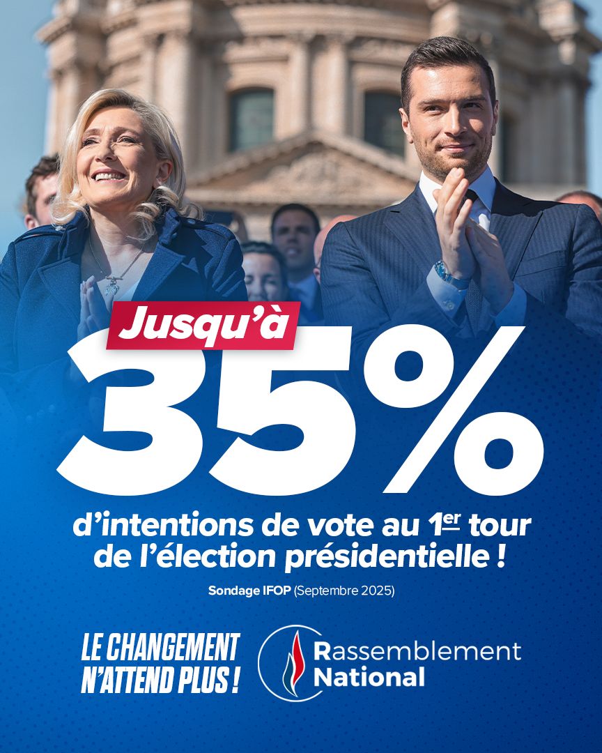 🔵 Les Français réclament la rupture avec le macronisme et le projet d'alternance porté par <a href="/MLP_officiel/">Marine Le Pen</a> et <a href="/J_Bardella/">Jordan Bardella</a> !

Le changement n'attend plus : forts de cette responsabilité, nous agirons au service de nos compatriotes !

🇫🇷 Rejoignez-nous : adhesions.rassemblementnational.fr