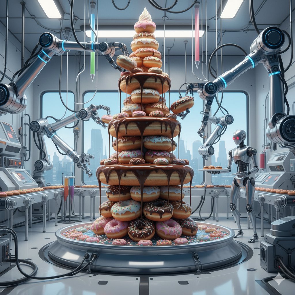 arosh2007's tweet image. &quot;Welcome to the future of baking!  Robots stacking the ultimate donut tower in this high-tech kitchen. #AI #Robotics #DonutLover