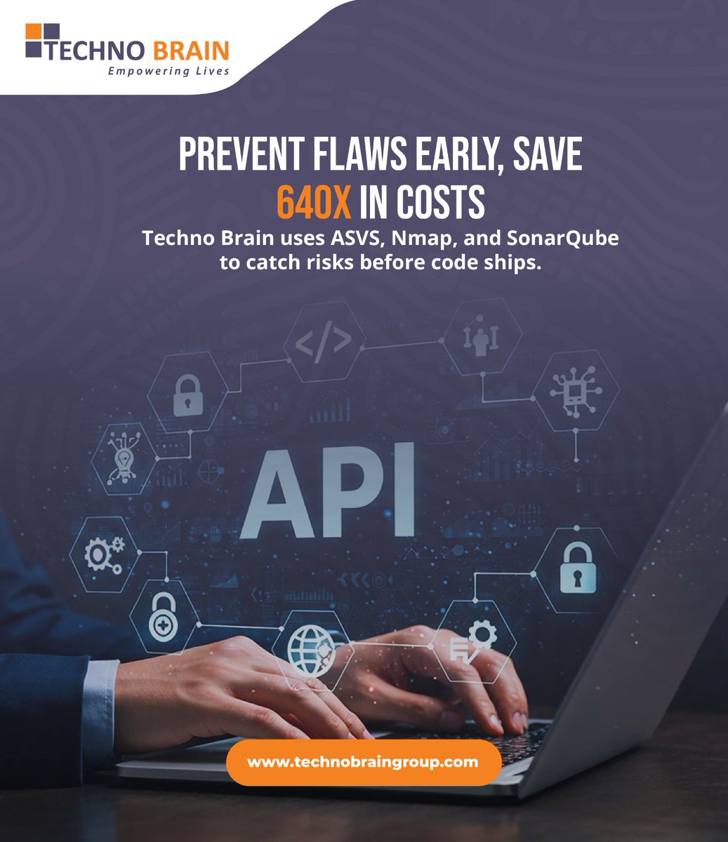 Flaws found after go-live cost 640x more than during design (IBM).

At Techno Brain, we prevent costly risks early with OWASP ASVS, Metasploit, Nmap, OpenVAS, and SonarQube.

QA starts with clear requirements, not just code. Build with confidence: bit.ly/483FgkG