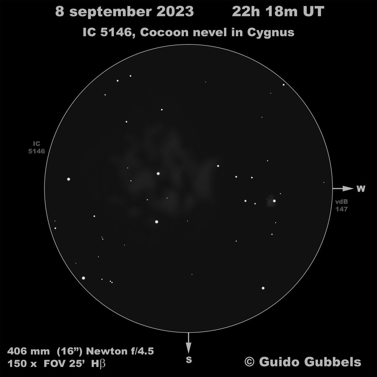 DeepskyLog's tweet image. Dear observers,

Let’s select a new #deepskylog sketch of the month.  The candidates this month are:

B 168 by Bernd Van Papegem
IC 5146 by Guido Gubbels
IC 1318 by Yann Pothier
IC 1434 by Jef De Wit

Please vote (by leaving a comment) before October 8.