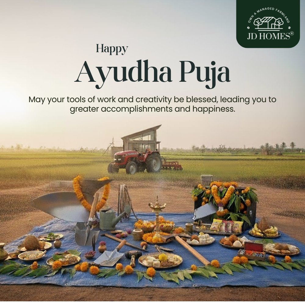 JDHomesblr's tweet photo. This Ayudha Pooja, let’s honor gratitude, growth &amp; the tools that shape our lives.
At #JDHomes, we believe land &amp; nature are the greatest tools of prosperity.
Wishing you peace &amp; prosperity this festive season! #AyudhaPooja #Dussehra2025 #Dussera #InvestInNature #ManagedFarmland https://t.co/UfWpbSdZa6