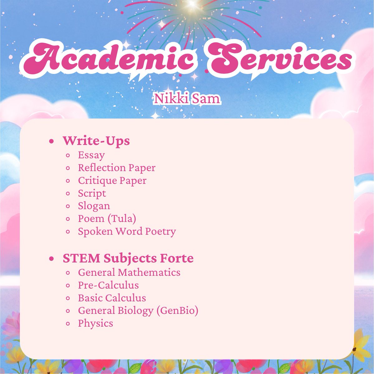 nikkisam_acad's tweet image. 𝗡𝗲𝗲𝗱 𝗵𝗲𝗹𝗽 𝘀𝗮 𝗔𝗰𝗮𝗱𝘀? 💫

I&apos;m Nikki, your acad commissioner since 2021 🌺
— BS Electronics Engineering
— STEM Gradute w/ High Honors
— Graduated SHS with Best Research Paper