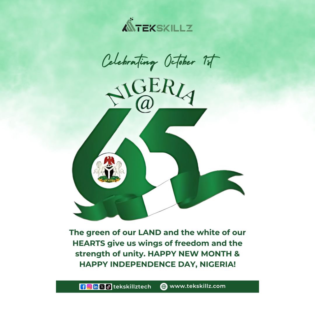 TekskillzTech's tweet image. Celebrating October 1st, Nigeria at 65 may the green of our LAND and the white of our
HEARTS give us wings of freedom and the strength of unity. 

HAPPY NEW MONTH &amp;amp; HAPPY INDEPENDENCE DAY, NIGERIA!

#happyindependenceday #nigeria #happynewmonth #october #TEKSKILLZ