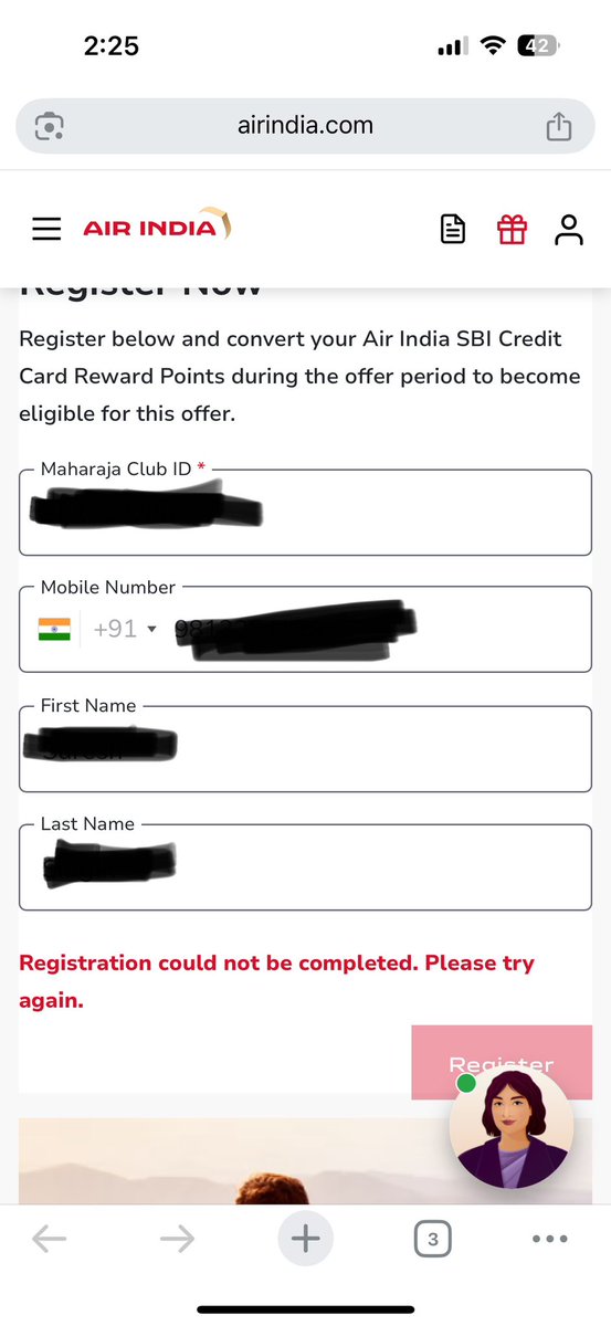 singalankur's tweet photo. @airindia @SBICard_Connect 
I am not able to register for Air India SBI Credit Card Reward Points offer.
I am getting error registration could not be completed. Kindly help.
Attaching the screen shot for the same. https://t.co/WEFwFvEpI2