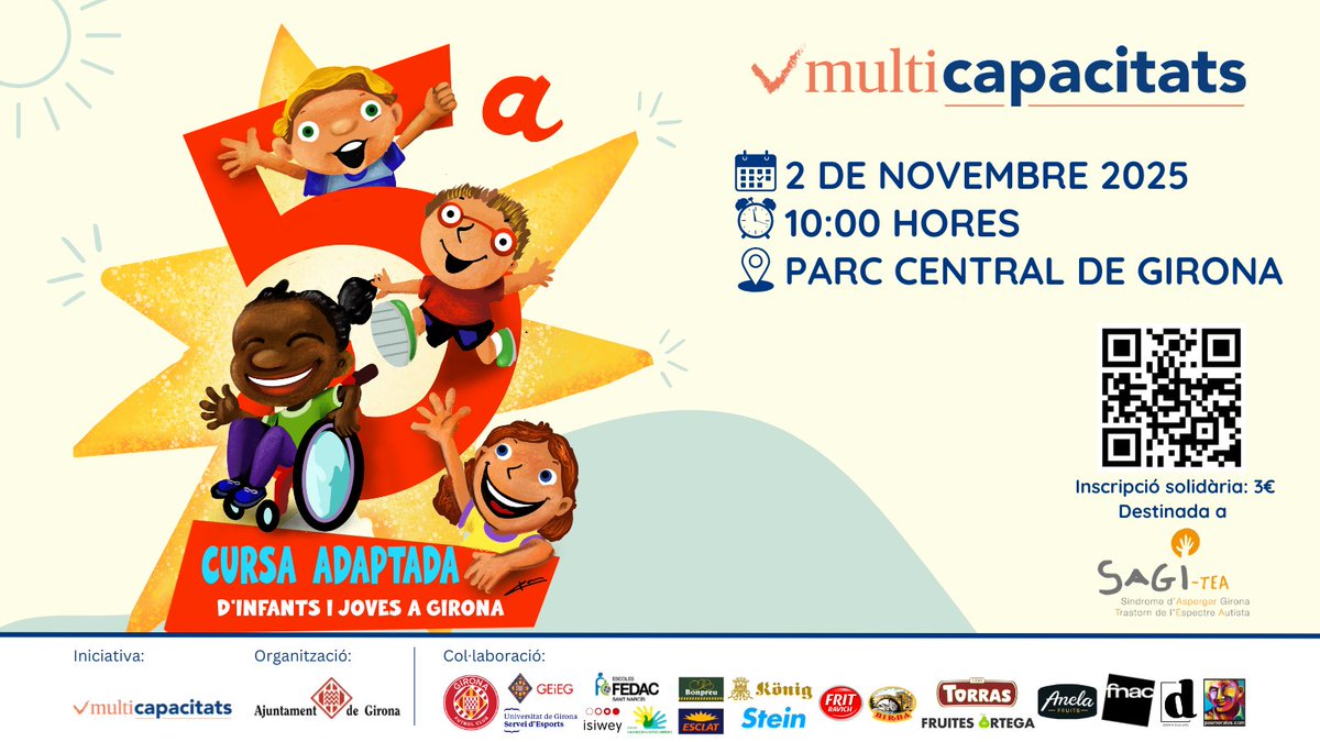 🎉 Obrim inscripcions‼️ 5a Cursa Adaptada d’Infants i Joves de Girona 2025, un any més tindrà lloc en el marc de les #FiresdeSantNarcís 🥳
🗓 2 de novembre de 2025 
⏰ 10:00 hores 
📍 Parc Central de #Girona
✍ INSCRIPCIONS:
multicapacitats.playoffinformatica.com/actividad/29/5…