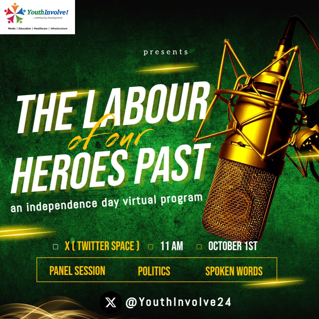 YouthInvolve24's tweet photo. Happy Independence, Nigeria.

Join us by 11 AM today as we reflect on THE LABOUR OF OUR HEROES PAST.

See you there. 🇳🇬 https://t.co/zZpsr4ViWD
