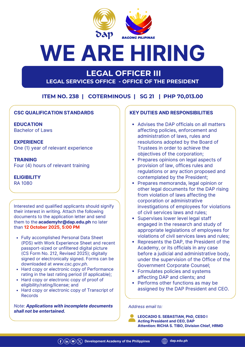 dap_edu_ph's tweet photo. The DAP - Legal Services Office is hiring!

Qualified applicants may send their documents to 𝗮𝗰𝗮𝗱𝗲𝗺𝘆𝗵𝗿@𝗱𝗮𝗽.𝗲𝗱𝘂.𝗽𝗵 (subject line: 𝗔𝗽𝗽𝗹𝗶𝗰𝗮𝘁𝗶𝗼𝗻_𝗟𝗲𝗴𝗮𝗹 𝗢𝗳𝗳𝗶𝗰𝗲𝗿 𝗜𝗜𝗜_𝗜𝘁𝗲𝗺 𝗡𝗼. 𝟮𝟯𝟴) before 𝟱:𝟬𝟬 𝗣𝗠 on 𝗢𝗰𝘁𝗼𝗯𝗲𝗿 𝟭𝟮, 𝟮𝟬𝟮𝟱. https://t.co/KjufW2gYaa