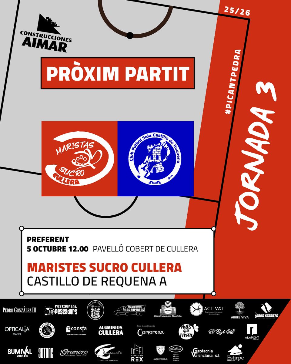 ⚔️ Diumenge 12h | Pavelló de Cullera
Maristes Sucro Cullera 🆚 Castillo de Requena

Dissabte nit, tots a casa 😅
Diumenge 👉🏼 esmorzar i al pavelló!

Ens visita un dels forts de la lliga, però volem tornar a sumar 3 davant la nostra gent 💪🏼

#PicantPedra