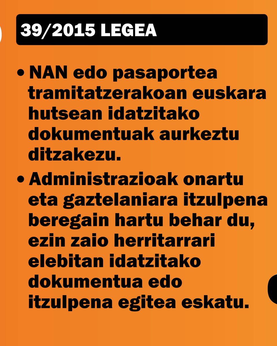 ⁉️Euskara hutsean aurkeztutako dokumentuak itzultzeko eskatu dizute?
⛔️Euskarazko arreta ukatu dizute?

📢Gogoratu! Euskarazko arreta eskatzeko eskubidea duzu!

👉🔗Hizkuntza eskubideen urraketen aurrean, erabili Euskararen Telefonoa: euskararentelefonoa.eus