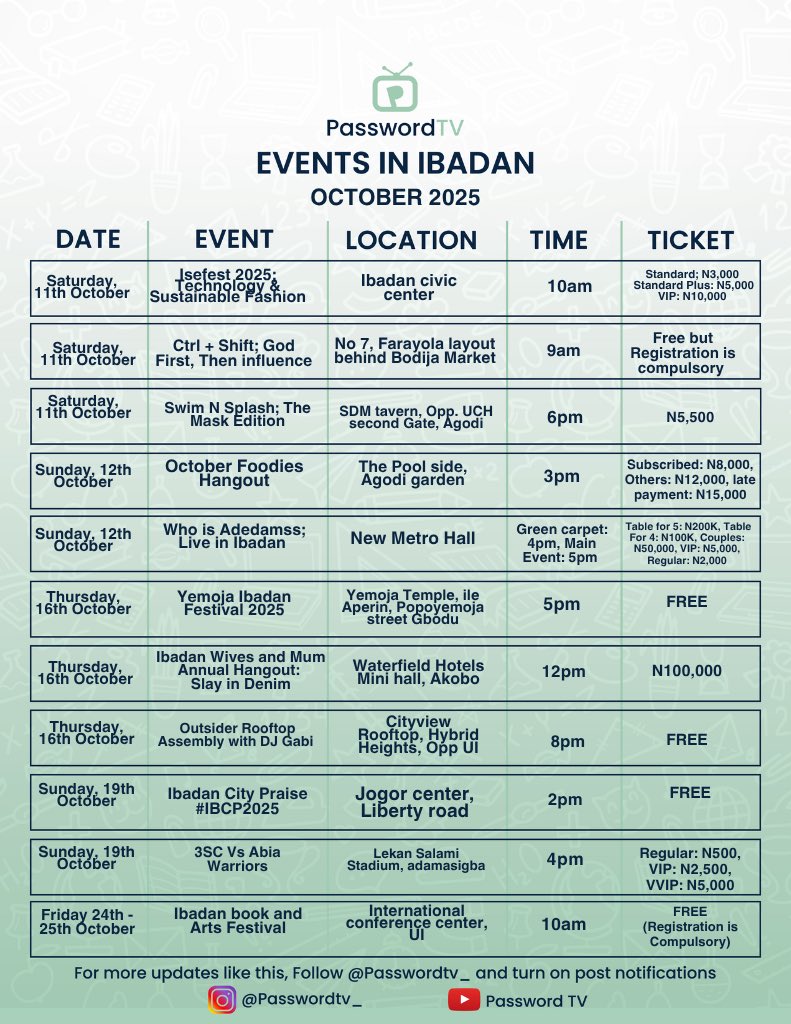 passwordtv__'s tweet photo. Events in Ibadan 
October 2025

🧵 1/4

Kindly Repost 🔁

#EventsInIbadan #OctoberInIbadan #IbadanEvents #PasswordTV https://t.co/T7SV2cq0qf