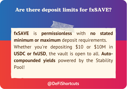 DeFiShortcuts's tweet image. 💬 FAQ: Wondering about deposit limits on #fxSAVE?

fxSAVE (built on @protocol_fx's Stability Pool) is permissionless with no stated min/max requirements 🎯

Deposit USDC or fxUSD and earn auto-compounded yields 💰