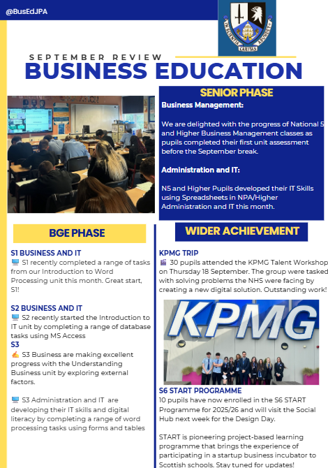 🆕September review from the Business Education Department <a href="/johnpaulacademy/">John Paul Academy</a>.

We celebrated the success of our senior pupils who completed their first assessment this session. Senior pupils also attended KPMG for the Talent Workshop. Excited for October!