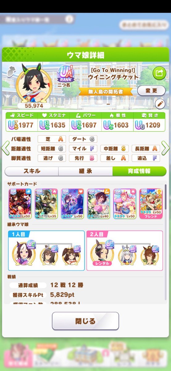 【ウマ娘】やっとUAいけましたチケゾーちゃんが。やはり島トレが上振れないといけない場所ですね。ウララちゃん使ったりステゴ1凸でもいけたから夢ありますね。