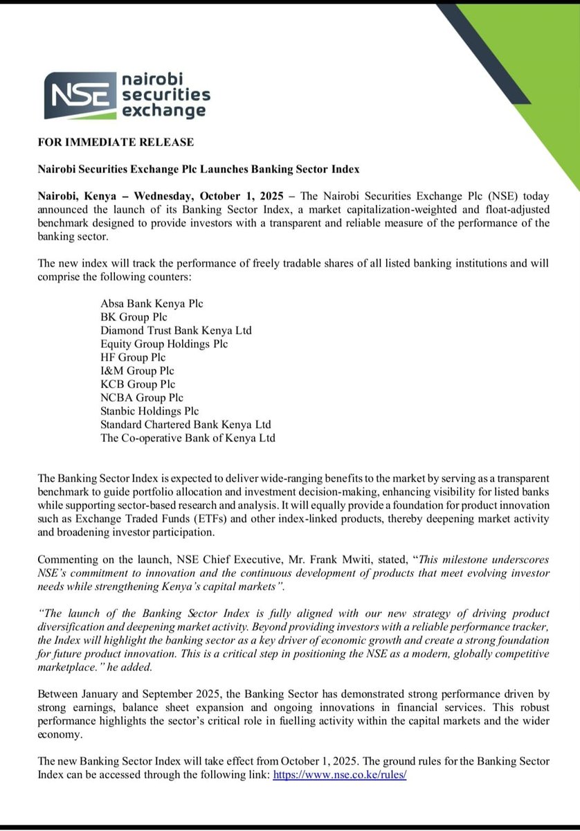 MwangoCapital's tweet photo. The Nairobi Securities Exchange has launched a Banking Sector Index to track 11 listed banks, including Equity, KCB, Co-op, StanChart, Absa, and NCBA.

This index will act as a transparent benchmark, support ETFs, and enhance market activity. https://t.co/Wr7lIdpBq6