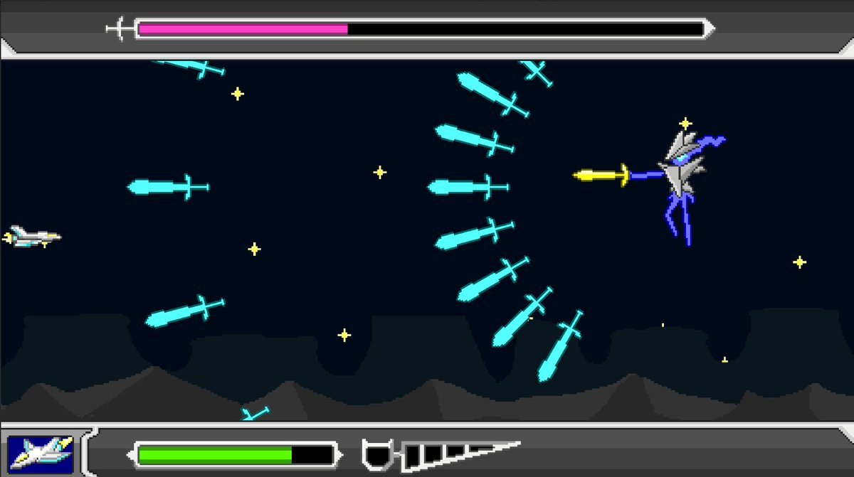 sakuria1209's tweet photo. ドット絵横シューティングゲーム
『Arbitria』を公開しました！
機械と生命が合体した異形の敵を倒すボスラッシュ的な、弾幕的なSTGになってます！
ブラウザで、プレイ時間10分程度で遊べるのでぜひ！

ゲームのリンクはリプに↓ https://t.co/L7ZsyA4fuh
