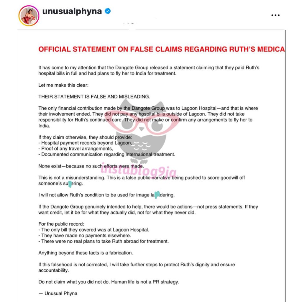 instablog9ja's tweet image. #JusticeForRuth: Dangote never had the intention to fly Ruth abroad for treatment, they didn’t pay her hospital bills in full — BBN’s Phyna clears the air