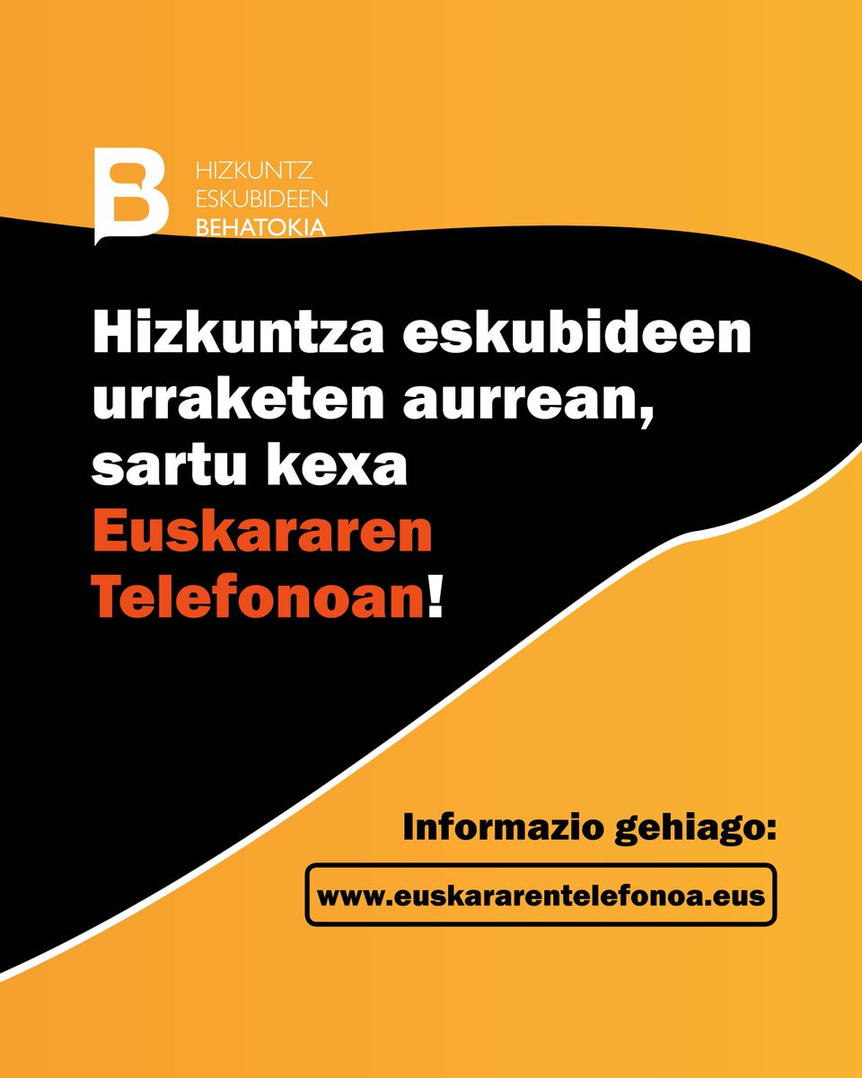 ⁉️Euskara hutsean aurkeztutako dokumentuak itzultzeko eskatu dizute?
⛔️Euskarazko arreta ukatu dizute?

📢Gogoratu! Euskarazko arreta eskatzeko eskubidea duzu!

👉🔗Hizkuntza eskubideen urraketen aurrean, erabili Euskararen Telefonoa: euskararentelefonoa.eus