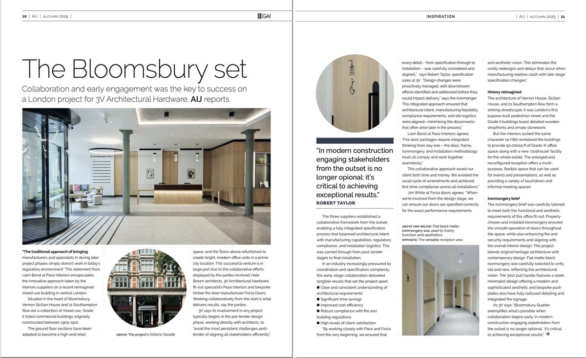 3vahl's tweet image. We are proud to be featured in Architectural Ironmongery Journal for Bloomsbury Quarter. Early collaboration ensured accurate specification, compliance, and functional design. 

loom.ly/HbEEed8 

#3V #Collaboration #EarlyEngagement #ArchitecturalIronmongery