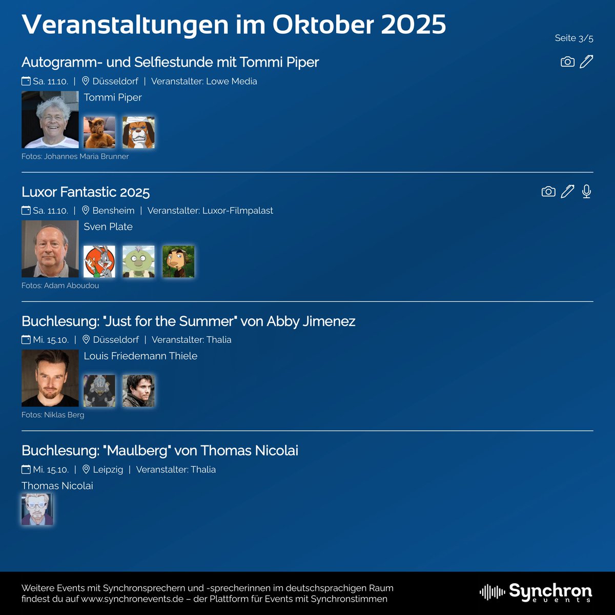 synchronevents's tweet image. Hier die Übersicht zu den Veranstaltungen mit Synchronsprecher*innen im Oktober 2025 (Stand 30. September). Über weitere Updates wird über die Website synchronevents.de informiert. :)

#synchronsprecher #convention #synchronschauspieler #autogramme #anime #buchmesse