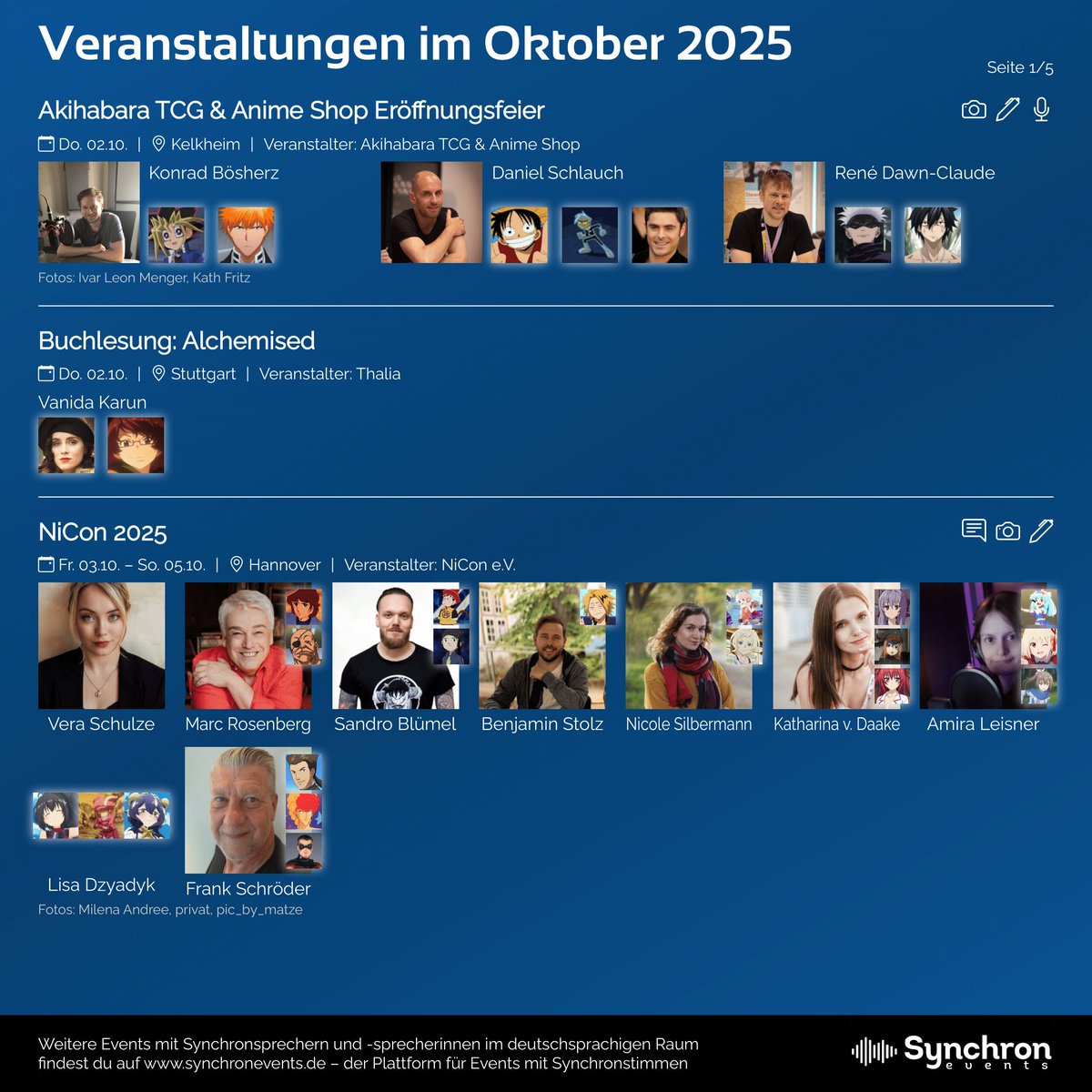 synchronevents's tweet image. Hier die Übersicht zu den Veranstaltungen mit Synchronsprecher*innen im Oktober 2025 (Stand 30. September). Über weitere Updates wird über die Website synchronevents.de informiert. :)

#synchronsprecher #convention #synchronschauspieler #autogramme #anime #buchmesse