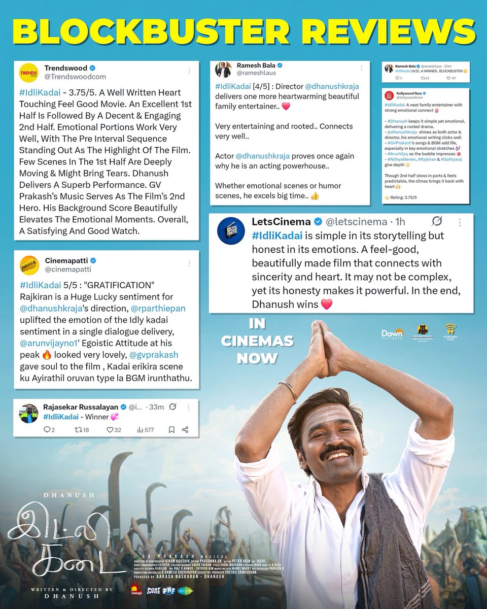 DawnPicturesOff's tweet photo. From theatres to hearts ❤️🔥
#IdliKadai is receiving Blockbuster reviews everywhere 💥🎤

@dhanushkraja @arunvijayno1 @RedGiantMovies_  @gvprakash @menennithya @aakashbaskaran @thesreyas @wunderbarfilms @saregamasouth @dancersatz @MShenbagamoort3 @kavya_sriram @Kiran10koushik @editor_prasanna @jacki_art @ManojMaddyMM @kabilanchelliah @pharsfilm @RIAZtheboss @teamaimpr