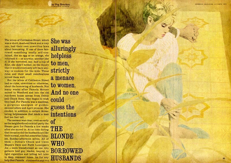 LRonLacy's tweet photo. In #OCTOBER 1961
‘She was alluringly helpless to men, strictly a menace to women. And no one could guess the intentions of THE BLONDE WHO BORROWED HUSBANDS’
#Illustration by #JoeBowler (1928-2016) for #PegBracken (1918-2007 👉ALT), “The Blonde Who Borrowed Husbands” *Redbook* https://t.co/MGO04pZ0c2