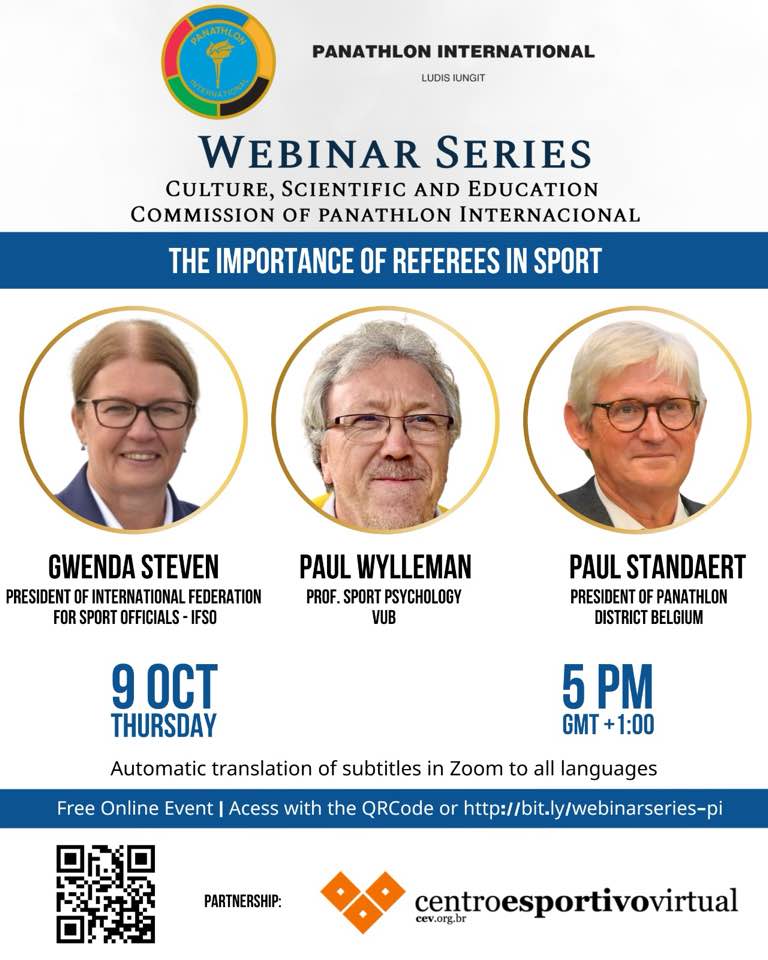 La CRE (Commissione Cultura, Ricerca ed Educazione) del Panathlon International ha organizzato il suo 4° webinar dal tema: 
L’arbitro, portatore di valori nello sport 
🗓️Data: 9 ottobre 2025
⏰Orario: 17.00 CET
🖥️Piattaforma: Zoom
🔗Partecipa al webinar 👍
bit.ly/webinarseries-…